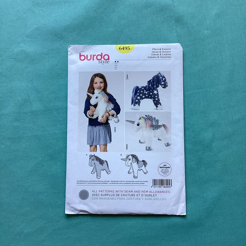 Burda 6495 Sewing Pattern Stuffed Animal Unicorn  Horse